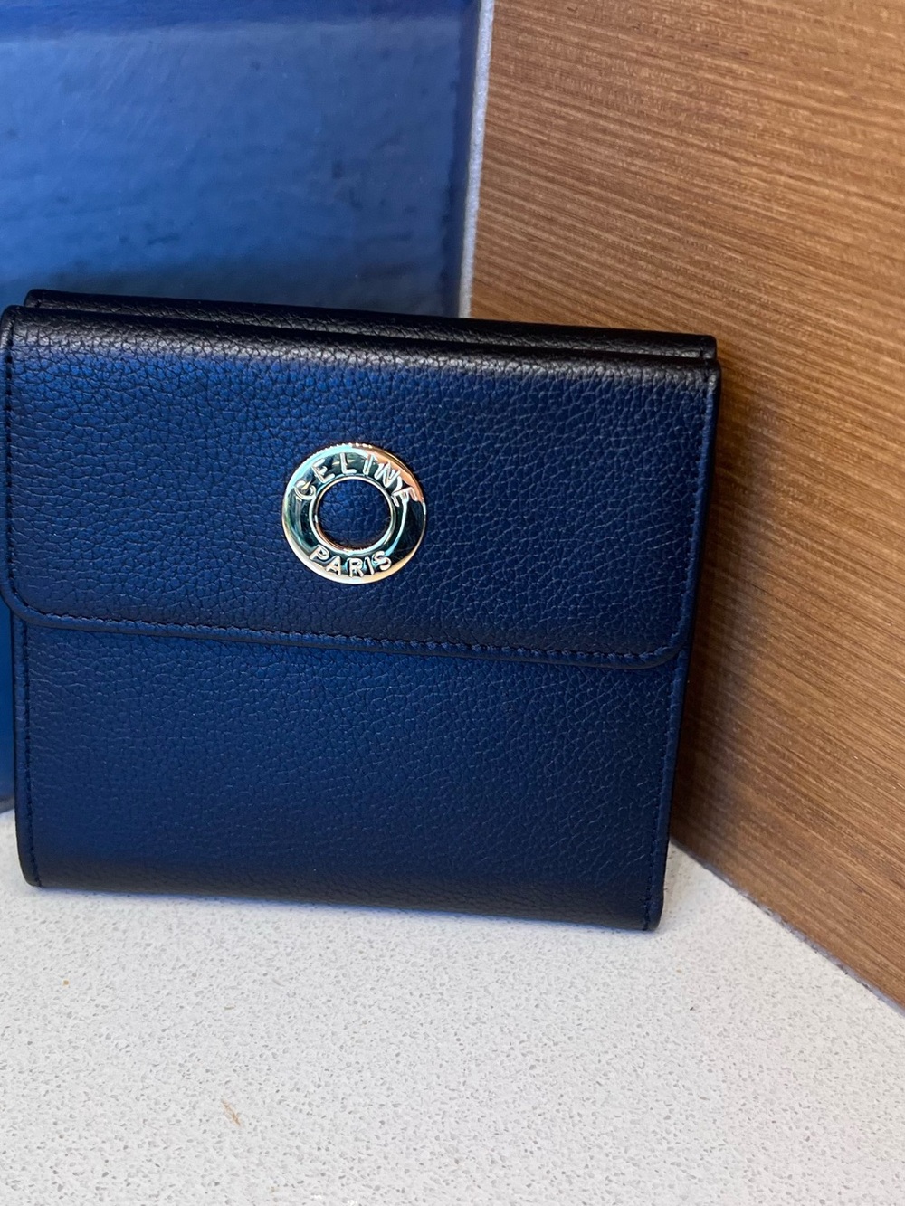 Celine Black Pebbled Leather Wallet with Gold Logo